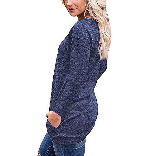 Camiseta de Manga Larga para Mujer con Bolsillo Botón Design Blusa Camisa Cuello Redondo Basica Camiseta Tops Otoño Casual T-Shirt Sudaderas (2XL, Azul Marino)