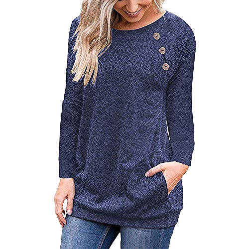 Camiseta de Manga Larga para Mujer con Bolsillo Botón Design Blusa Camisa Cuello Redondo Basica Camiseta Tops Otoño Casual T-Shirt Sudaderas (2XL, Azul Marino)