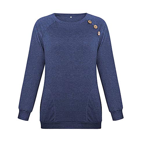 Camiseta de Manga Larga para Mujer con Bolsillo Botón Design Blusa Camisa Cuello Redondo Basica Camiseta Tops Otoño Casual T-Shirt Sudaderas (2XL, Azul Marino)