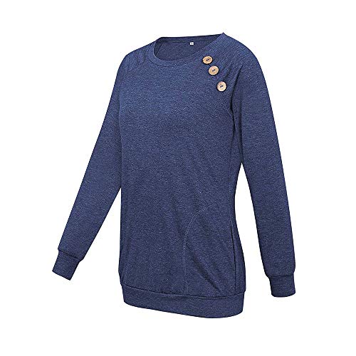 Camiseta de Manga Larga para Mujer con Bolsillo Botón Design Blusa Camisa Cuello Redondo Basica Camiseta Tops Otoño Casual T-Shirt Sudaderas (2XL, Azul Marino)