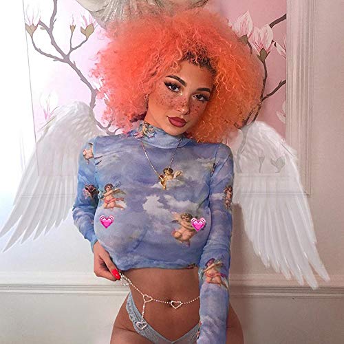 Camiseta de manga larga para mujer con estampado de ángel Cupido, top de malla transparente Manga larga. M