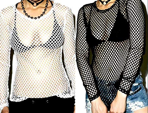 Camiseta de manga larga para mujer, ligera, transparente, tul, malla, corte ajustado, sexy, blusa, túnica, informal, ropa de club. Malla negra. S