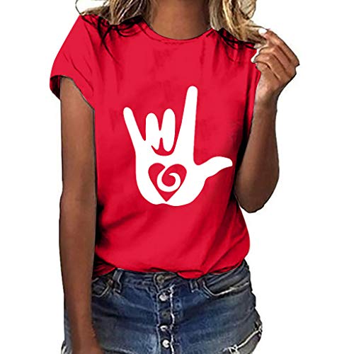 Camiseta de Mujer Manga Corta con Estampado Love Gesture Blusa Camisa Cuello Redondo Basica Casual Original T-Shirt Elegantes Camiseta de Fitness Deportiva para Mujeres riou