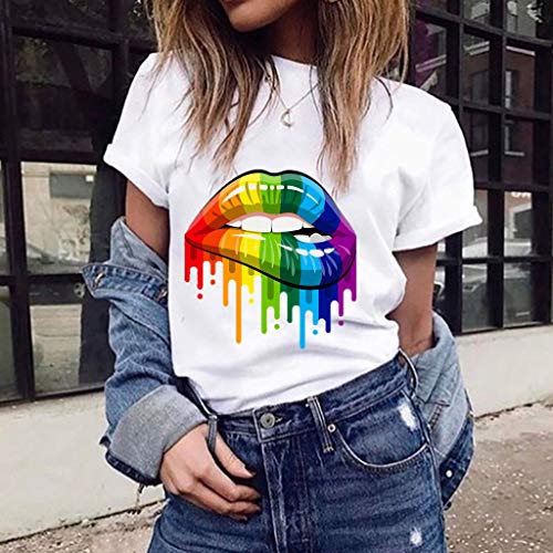 Camiseta de Mujer Manga Corta Corazón Impresión Blusa Camisa Cuello Redondo Basica Camiseta Suelto Verano Tops Casual Fiesta T-Shirt Original tee vpass (BlancoG, M)