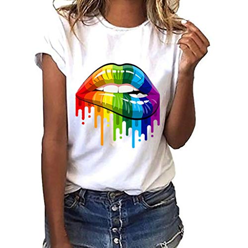 Camiseta de Mujer Manga Corta Corazón Impresión Blusa Camisa Cuello Redondo Basica Camiseta Suelto Verano Tops Casual Fiesta T-Shirt Original tee vpass (BlancoG, M)