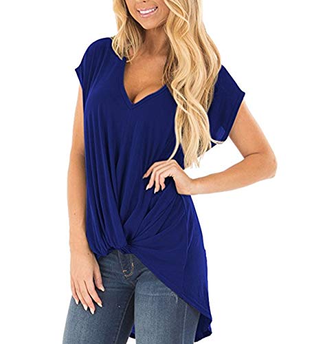 Camiseta Escote V Mujer Asimetrica Camisetas Manga Corta Cuello V Mujeres Oversize Basicas Anchas Tops Verano Damas Casual Remeras Largas Playeras Camisas Señora Blusas Amplias Tunica Túnico Azul L