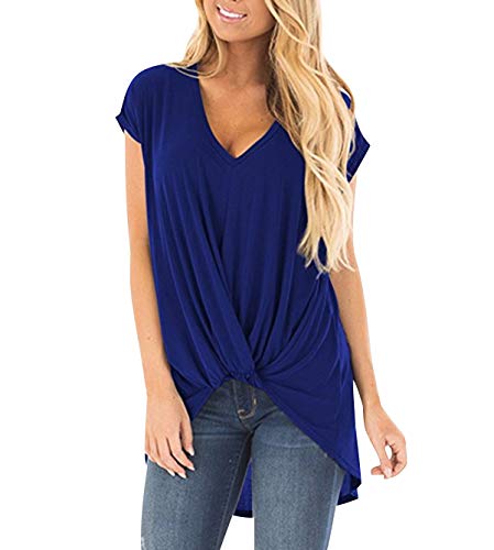 Camiseta Escote V Mujer Asimetrica Camisetas Manga Corta Cuello V Mujeres Oversize Basicas Anchas Tops Verano Damas Casual Remeras Largas Playeras Camisas Señora Blusas Amplias Tunica Túnico Azul L