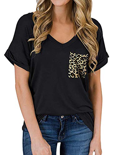 Camiseta Escote V Mujer Leopardo Bolsillos Oversize Talla Grande Camisetas Basicas Lisas Mujer Manga Corta Camisas Mujer Camisetas Anchas Largas de Mujer Tops Camisa Larga Mujer Casual Suelta Negro XL