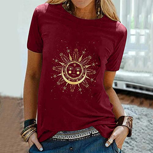 Camiseta para Mujer El Verano Blusas sin Mangas Cuello Redondo Suelta Camisetas Manga Corta ImpresióN Manga Corta T Shirt Estampado de Estrellas Lunares