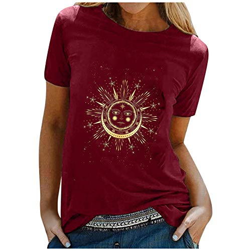 Camiseta para Mujer El Verano Blusas sin Mangas Cuello Redondo Suelta Camisetas Manga Corta ImpresióN Manga Corta T Shirt Estampado de Estrellas Lunares