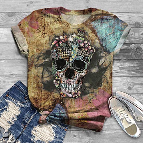 Camiseta para Mujer Verano con Cuello Redondo y Manga Corta con Estampado de Calavera 3D Bluas Suelto Casual Fiesta T-Shirt Original riou