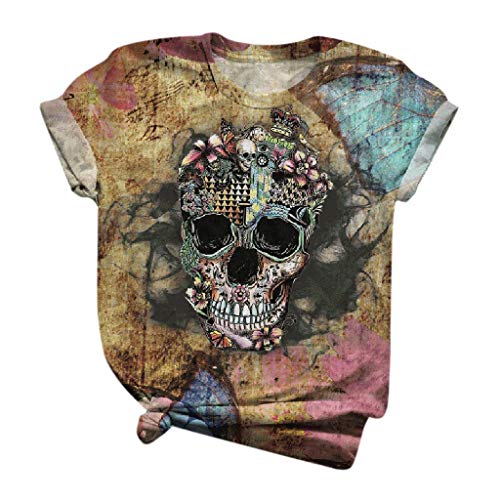 Camiseta para Mujer Verano con Cuello Redondo y Manga Corta con Estampado de Calavera 3D Bluas Suelto Casual Fiesta T-Shirt Original riou