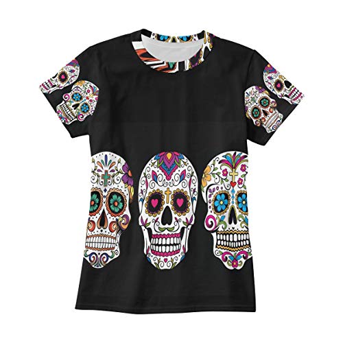 Camiseta para Mujeres niñas Patrón de Arte Calavera de Azúcar Dia De Los Muertos Manga Corta Personalizada Mexicana