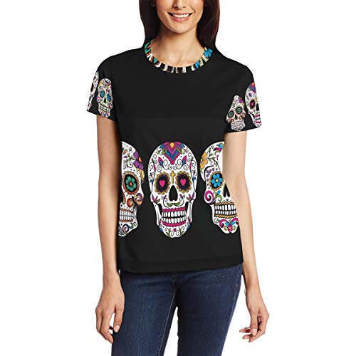 Camiseta para Mujeres niñas Patrón de Arte Calavera de Azúcar Dia De Los Muertos Manga Corta Personalizada Mexicana