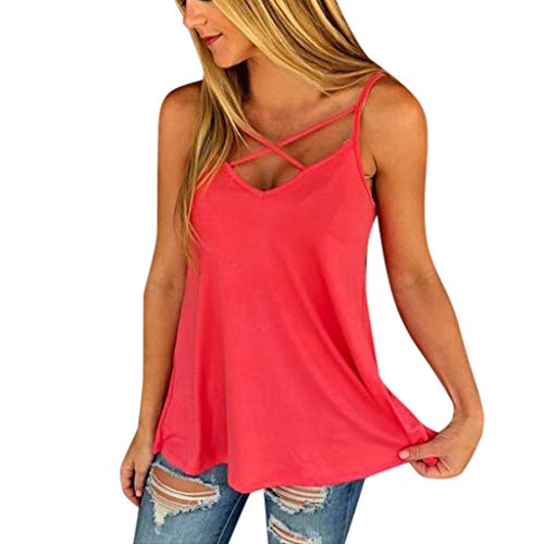 Camiseta Sin Mangas Mujer SHOBDW 2019 Nuevo Sexy Cuello Halter Cruzar Color Sólido Tops Blusa Playa de Verano Suelto Camiseta Mujer Tallas Grandes(Rojo 2,L)