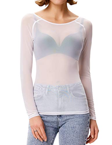 Camiseta Transparente Mujer Manga Larga Casual Cuello Redondo Elegante Blusa Top Blanco L CL011046-2