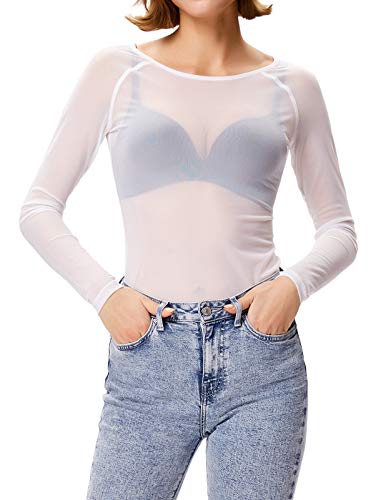 Camiseta Transparente Mujer Manga Larga Casual Cuello Redondo Elegante Blusa Top Blanco L CL011046-2