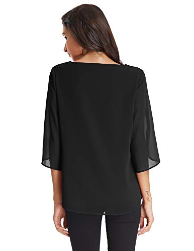 Camisetas Camisa de Gasa Cuello Redondo Camisas Sueltas Blusa Elegante Blusa 3/4 Manga Mujer Negro L CLAF15-3