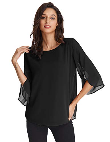Camisetas Camisa de Gasa Cuello Redondo Camisas Sueltas Blusa Elegante Blusa 3/4 Manga Mujer Negro L CLAF15-3