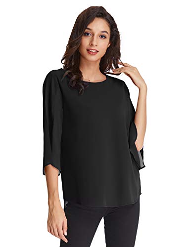 Camisetas Camisa de Gasa Cuello Redondo Camisas Sueltas Blusa Elegante Blusa 3/4 Manga Mujer Negro L CLAF15-3