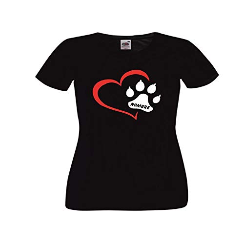 Camisetas Divertidas Corazon con Huella de Perro y Nombre (escribe el Nombre Que desees Tras Realizar el Pedido en información del Pedido) - para Mujer Camisetas Talla XL Color Negro
