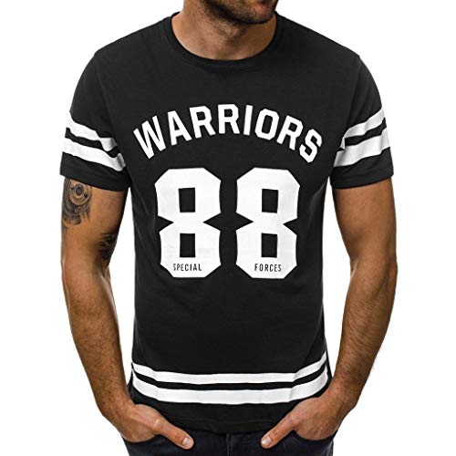 Camisetas Hombre Originales 2019 Nuevo SHOBDW Verano Camisetas Hombre Manga Corta Baratas Rayas Impresión de Letras Cuello Redondo Blusa Tops Suelto Tallas Grandes M-3XL(Negro,L)