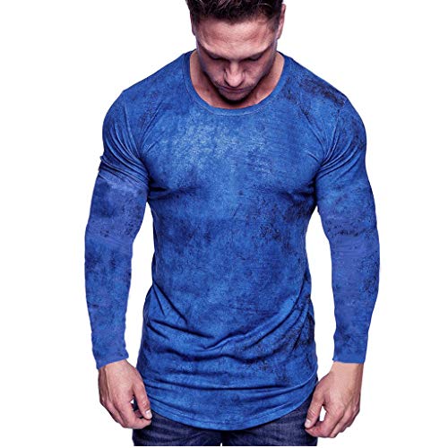 Camisetas Hombre Originales Yvelands Camiseta Gradiente de Manga Larga de Empalme Ropa Casual Clásico Cómodo Pullover Deportivo Running Gym Teñido(Azul,M)