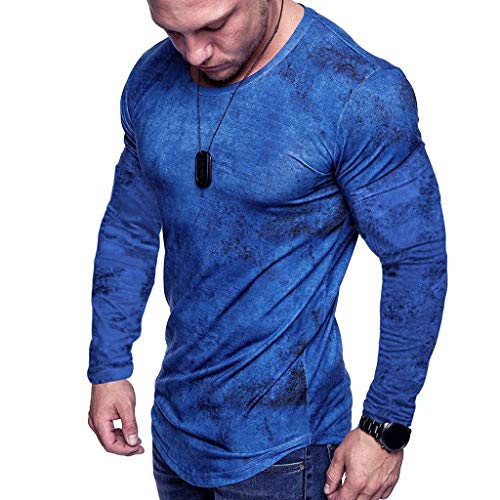 Camisetas Hombre Originales Yvelands Camiseta Gradiente de Manga Larga de Empalme Ropa Casual Clásico Cómodo Pullover Deportivo Running Gym Teñido(Azul,M)