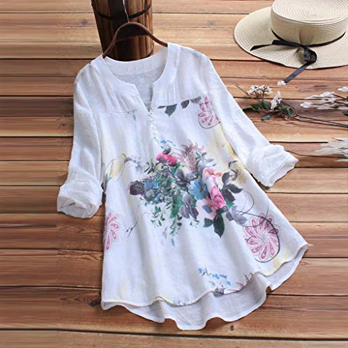 Camisetas Mujer Manga Larga SHOBDW 2019 Nuevo Cuello en V Tops de Túnica Blusas Suelto Estampado Floral Pullover Sexy Casual Verano Camisetas Mujer Tallas Grandes M-5XL(Blanco,XL)