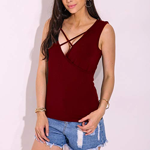 Camisetas Mujer V Cuello Gradiente Sólido Redondo Camisa Sin Mangas Camiseta Túnica Blusas Tanque