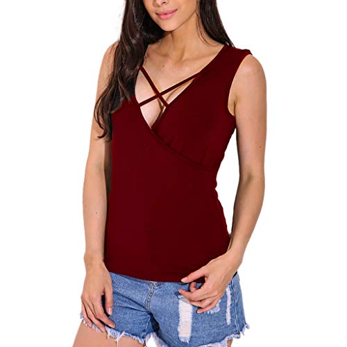 Camisetas Mujer V Cuello Gradiente Sólido Redondo Camisa Sin Mangas Camiseta Túnica Blusas Tanque