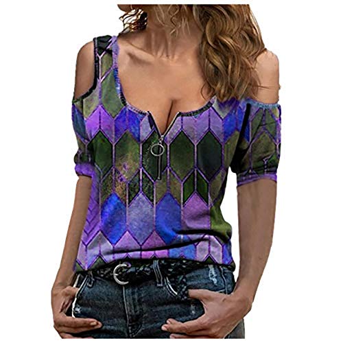 Camisetas Sexis con Cuello en V y Cremallera para Mujer, de Manga Corta, con Hombros Descubiertos, Blusas Casuales de Verano, a la Moda (A Purple,XXL)