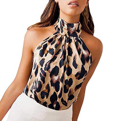 Camisetas sin Mangas Mujer SHOBDW Playa De Verano Estampado De Leopardo Cuello Halter Camisas De Chaleco Club Fuera del Hombro Blusa De Las Señoras Fiesta Nocturna Cami Tops para Mujeres(Caqui,L)