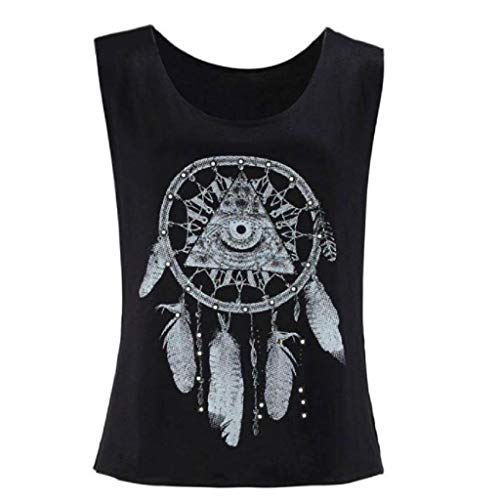 Camisetas sin Mangas Mujer,SHOBDW Sexy Verano Atrapasueños Impreso Sin Mangas Hombro Frío Hueco hacia Fuera Suelta Crop Tank Tops Camiseta Blusa Camiseta para Mujeres(Negro,L)