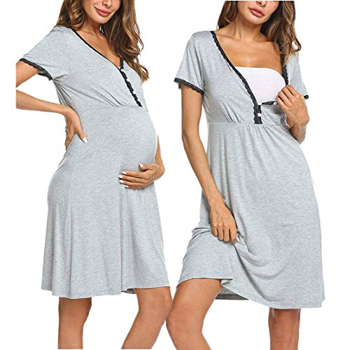 Camisón Lactancia Pijama Embarazada Algodón Ropa para Dormir Premamá Manga Corta Verano Camison Maternidad para Parto Camisones/L