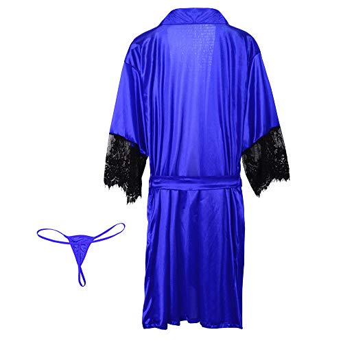Camisón Mujer Sexy,Bata De Satén Azul Ropa De Dormir Lencería Albornoz con Ribete De Encaje Abierto por Delante Lencería Suave Y Sedosa Camisola para Dormir En Honeymoon Party Club Dress, XXXL