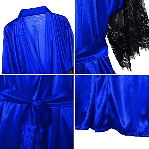 Camisón Mujer Sexy,Bata De Satén Azul Ropa De Dormir Lencería Albornoz con Ribete De Encaje Abierto por Delante Lencería Suave Y Sedosa Camisola para Dormir En Honeymoon Party Club Dress, XXXL
