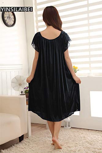 Camisón Mujer Sexy,Negro Tallas Grandes Mujeres Sexy Corte De Encaje Ropa De Dormir Larga Mujer Seda De Hielo Satén Camisón Vestido De Dormir Largo Ropa De Dormir para Damas Camisas De Noche, XXX