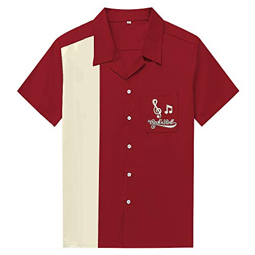 Candow Look Embroidery 50s Rock n Roll Mens Rockabilly Vintage Bowling Shirts Maroon&Ivory