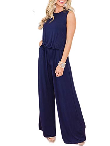 Caracilia Mono sin mangas para mujer, camiseta suelta, pierna ancha, cintura elástica, monos con bolsillos 01-azul marino. L