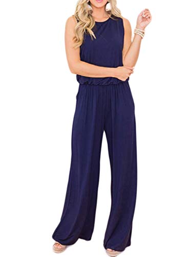 Caracilia Mono sin mangas para mujer, camiseta suelta, pierna ancha, cintura elástica, monos con bolsillos 01-azul marino. L