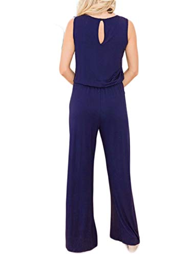 Caracilia Mono sin mangas para mujer, camiseta suelta, pierna ancha, cintura elástica, monos con bolsillos 01-azul marino. L