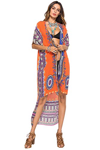 Cardigan Largo Mujer Talla Grande Bohemio Hippie Chic Kimono Etnico Estampado Africano Indio Chaquetas Vestir Flores Ropa Piscina Playa Traje de Baño Camisolas y Pareos Vestido Beach Bikini Cover Up