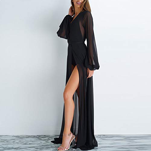 Cárdigan Largo Pareos para Mujer Bikini Cubrierto Transparente de Playa Kimono Cabo Suelto con Encajes Chal de Gasa de Verano Protector Solar Ropa de Playa Mujer (Negro, S/M)