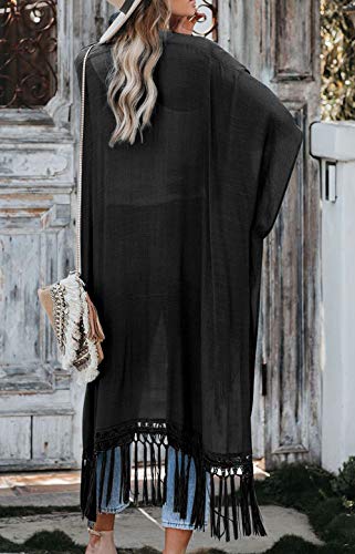 Cardigan Mujer Verano Kimono Cubiertas de Playa Pareos Manga Corta Borla Blusa Larga Tops Ropa de Playa (Talla única, Negro)