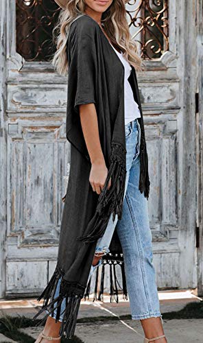 Cardigan Mujer Verano Kimono Cubiertas de Playa Pareos Manga Corta Borla Blusa Larga Tops Ropa de Playa (Talla única, Negro)