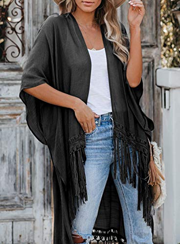 Cardigan Mujer Verano Kimono Cubiertas de Playa Pareos Manga Corta Borla Blusa Larga Tops Ropa de Playa (Talla única, Negro)