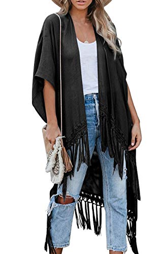 Cardigan Mujer Verano Kimono Cubiertas de Playa Pareos Manga Corta Borla Blusa Larga Tops Ropa de Playa (Talla única, Negro)