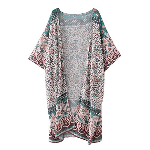 Cardigans Mujer Flores 2019 Nuevo SHOBDW Pareos Casual Cardigans Mujer Largo Chal Cardigans Mujer Kimono Manga Larga Tops Blusa Playa de Verano Cover Up Mujer(Verde,L)