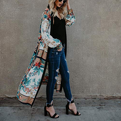 Cardigans Mujer Kimono 2019 Nuevo SHOBDW Pareos Manga Larga Cardigans Mujer Flores Boho Vendaje Playa de Verano Cardigans Mujer Largo Cover Up Suelto Tops Blusa Tallas Grandes S-3XL(Verde,3XL)